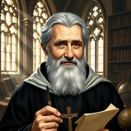 A portrait of an older Thomas Aquinas, depicted as a wise and contemplative figure