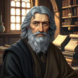 An older Thomas Aquinas, depicted with wavy gray hair, displaying a wise and contemplative expression