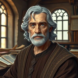 An older Thomas Aquinas, depicted with wavy gray hair, displaying a wise and contemplative expression