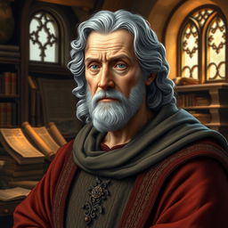 An older Thomas Aquinas, depicted with wavy gray hair, displaying a wise and contemplative expression