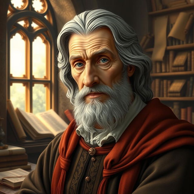 An older Thomas Aquinas, depicted with wavy gray hair, displaying a wise and contemplative expression