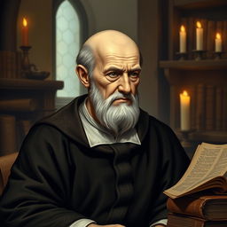 An older Thomas Aquinas, depicted with a bald head featuring a distinct ring of hair around the sides