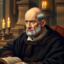 An older Thomas Aquinas, depicted with a bald head featuring a distinct ring of hair around the sides
