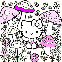 A whimsical coloring sheet centered around a cute Hello Kitty character surrounded by a vibrant mushroom forest