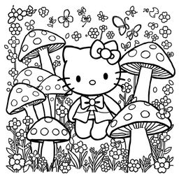 A whimsical coloring sheet centered around a cute Hello Kitty character surrounded by a vibrant mushroom forest