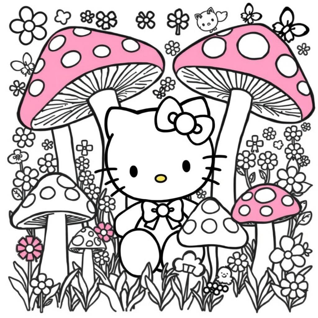 A whimsical coloring sheet centered around a cute Hello Kitty character surrounded by a vibrant mushroom forest