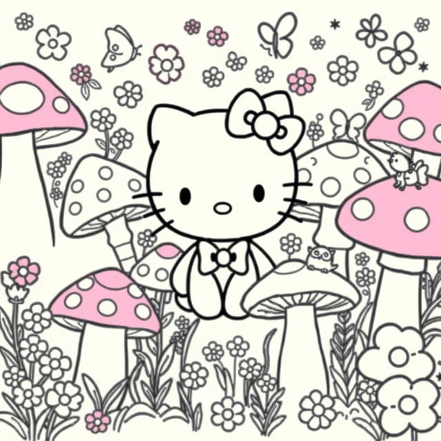 A whimsical coloring sheet centered around a cute Hello Kitty character surrounded by a vibrant mushroom forest