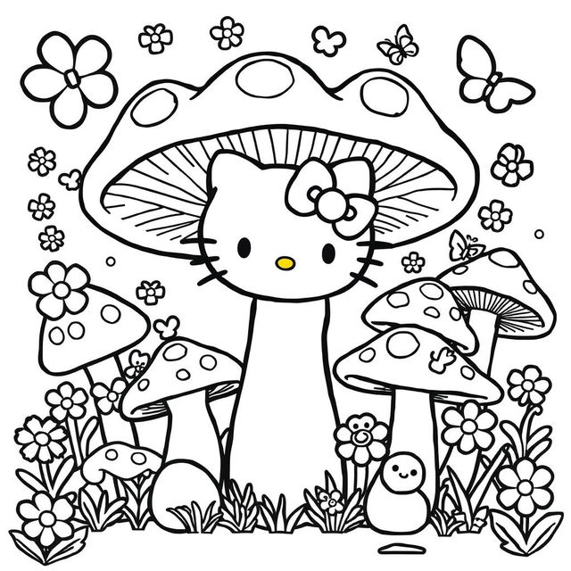 A black and white coloring sheet featuring a delightful Hello Kitty character surrounded by a whimsical mushroom core design