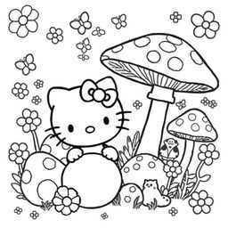 A black and white coloring sheet featuring a delightful Hello Kitty character surrounded by a whimsical mushroom core design