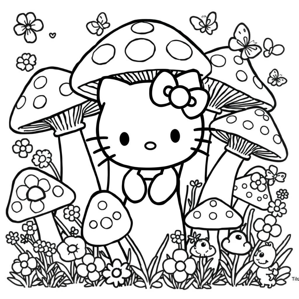 A black and white coloring sheet featuring a delightful Hello Kitty character surrounded by a whimsical mushroom core design