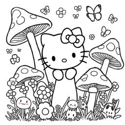 A black and white coloring sheet featuring a delightful Hello Kitty character surrounded by a whimsical mushroom core design
