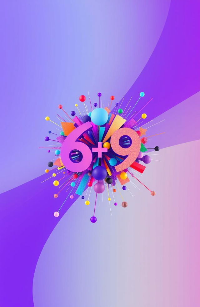 An abstract representation of the mathematical result of 6 multiplied by 9, creatively visualized as a vibrant explosion of colors and shapes, incorporating elements that symbolize six and nine, such as six circular forms and nine angular forms, merging into a harmonious composition