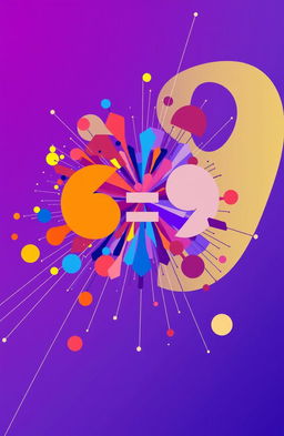 An abstract representation of the mathematical result of 6 multiplied by 9, creatively visualized as a vibrant explosion of colors and shapes, incorporating elements that symbolize six and nine, such as six circular forms and nine angular forms, merging into a harmonious composition