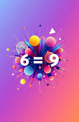 An abstract representation of the mathematical result of 6 multiplied by 9, creatively visualized as a vibrant explosion of colors and shapes, incorporating elements that symbolize six and nine, such as six circular forms and nine angular forms, merging into a harmonious composition