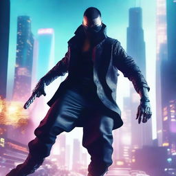 Generate a hyper-realistic, 4K image of a cool, handsome man in cyberpunk attire fighting as a skilled ninja