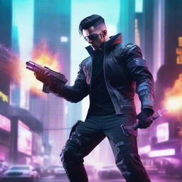 Create a hyper-realistic, 4K image of a cool, handsome man in cyberpunk attire, fighting with a claw weapon