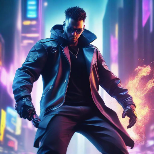 Create a hyper-realistic, 4K image of a cool, handsome man in cyberpunk attire, fighting with a claw weapon