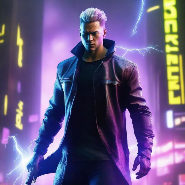 Craft a hyper-realistic 4K image of a cool, handsome man in cyberpunk attire, battling with a lightning blade