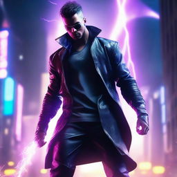 Craft a hyper-realistic 4K image of a cool, handsome man in cyberpunk attire, battling with a lightning blade