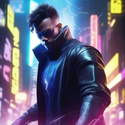 Craft a hyper-realistic 4K image of a cool, handsome man in cyberpunk attire, battling with a lightning blade