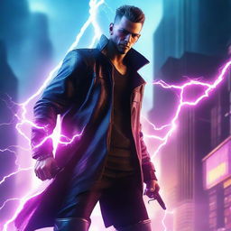 Craft a hyper-realistic 4K image of a cool, handsome man in cyberpunk attire, battling with a lightning blade