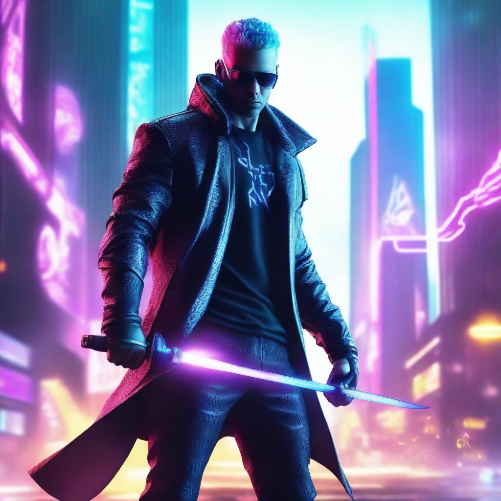 Generate a hyper-realistic, 4K image of a cool, handsome man in cyberpunk attire, fighting with an electric sword