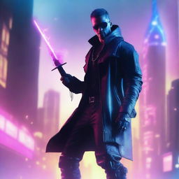 Generate a hyper-realistic, 4K image of a cool, handsome man in cyberpunk attire, fighting with an electric sword