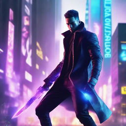 Generate a hyper-realistic, 4K image of a cool, handsome man in cyberpunk attire, fighting with an electric sword