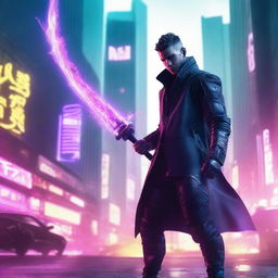 Generate a hyper-realistic, 4K image of a cool, handsome man in cyberpunk attire, fighting with an electric sword