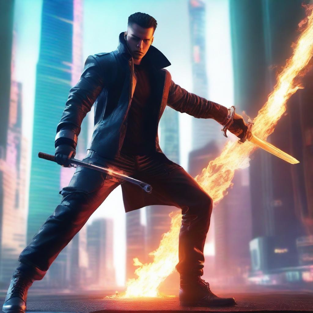 Create a hyper-realistic, 4K image of a cool and handsome man in cyberpunk attire engaging in combat with a flaming sword