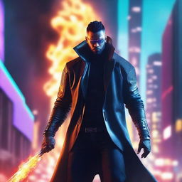 Create a hyper-realistic, 4K image of a cool and handsome man in cyberpunk attire engaging in combat with a flaming sword