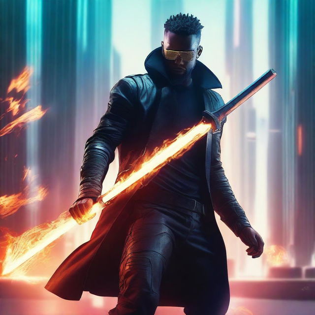 Create a hyper-realistic, 4K image of a cool and handsome man in cyberpunk attire engaging in combat with a flaming sword