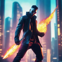 Create a hyper-realistic, 4K image of a cool and handsome man in cyberpunk attire engaging in combat with a flaming sword