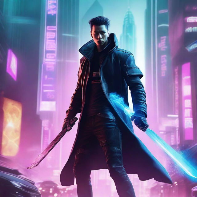 Craft a hyper-realistic, 4K image of a cool and handsome man in cyberpunk attire, wielding a huge sword