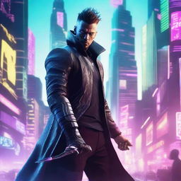 Craft a hyper-realistic, 4K image of a cool and handsome man in cyberpunk attire, wielding a huge sword