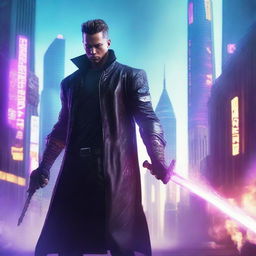 Craft a hyper-realistic, 4K image of a cool and handsome man in cyberpunk attire, wielding a huge sword