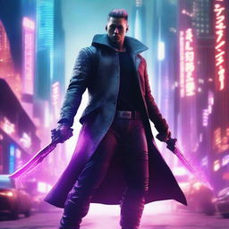 Craft a hyper-realistic, 4K image of a cool and handsome man in cyberpunk attire, wielding a huge sword