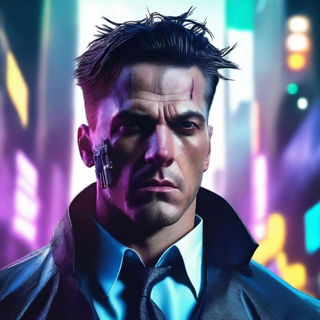 Generate a hyper-realistic, 4K image of a cool, handsome man who embodies a cyberpunk style