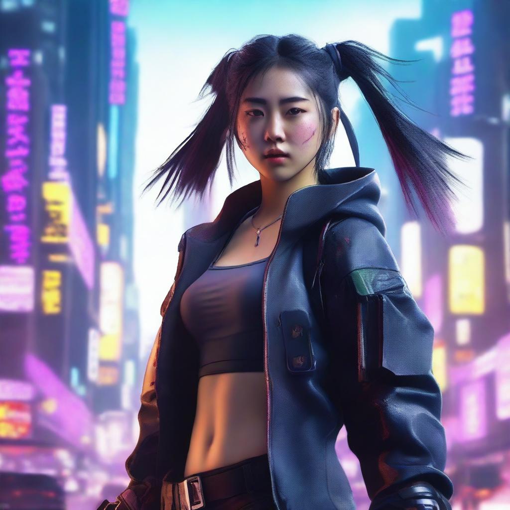 Create a hyper-realistic, 4K image of a pretty, cute, young Korean girl in a cyberpunk universe, battling like a samurai