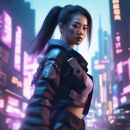 Create a hyper-realistic, 4K image of a pretty, cute, young Korean girl in a cyberpunk universe, battling like a samurai