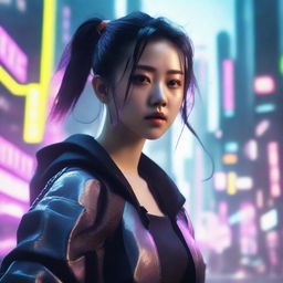 Create a hyper-realistic, 4K image of a pretty, cute, young Korean girl in a cyberpunk universe, battling like a samurai