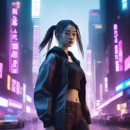 Create a hyper-realistic, 4K image of a pretty, cute, young Korean girl in a cyberpunk universe, battling like a samurai