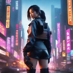 Construct a hyper-realistic, 4K image of a pretty, young Korean girl, immersed in a cyberpunk environment, fighting like a seasoned samurai