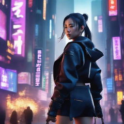 Construct a hyper-realistic, 4K image of a pretty, young Korean girl, immersed in a cyberpunk environment, fighting like a seasoned samurai