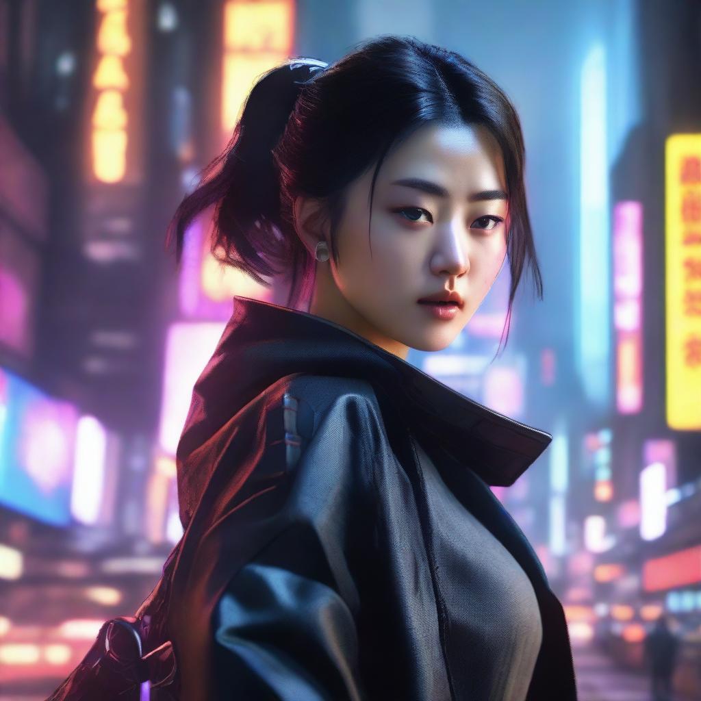 Construct a hyper-realistic, 4K image of a pretty, young Korean girl, immersed in a cyberpunk environment, fighting like a seasoned samurai