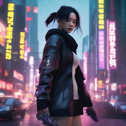 Construct a hyper-realistic, 4K image of a pretty, young Korean girl, immersed in a cyberpunk environment, fighting like a seasoned samurai