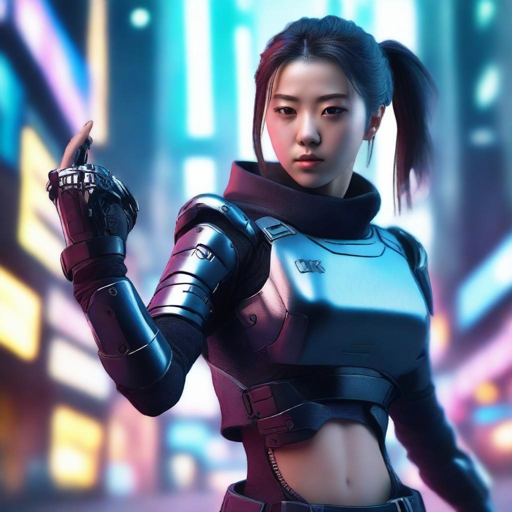 Create a hyper-realistic, 4K image of a pretty, young Korean girl in cyberpunk attire, fighting powerfully with gauntlets.