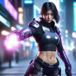 Create a hyper-realistic, 4K image of a pretty, young Korean girl in cyberpunk attire, fighting powerfully with gauntlets.