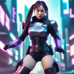 Create a hyper-realistic, 4K image of a pretty, young Korean girl in cyberpunk attire, fighting powerfully with gauntlets.