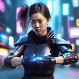 Create a hyper-realistic, 4K image of a pretty, young Korean girl in cyberpunk attire, fighting powerfully with gauntlets.